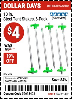 Harbor Freight Coupon 10 IN. STEEL TENT STAKES, 6-PACK Lot No. 96534 Expired: 2/11/26 - $4