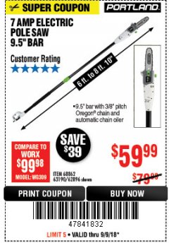 Harbor Freight Coupon PORTLAND 6.5 AMP, 9.5 IN. ELECTRIC POLE SAW Lot No. 56808/62896/63190 Expired: 9/9/18 - $59.99