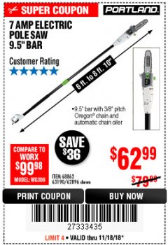 Harbor Freight Coupon PORTLAND 6.5 AMP, 9.5 IN. ELECTRIC POLE SAW Lot No. 56808/62896/63190 Expired: 11/18/18 - $62.99