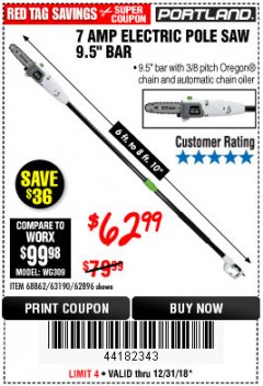Harbor Freight Coupon PORTLAND 6.5 AMP, 9.5 IN. ELECTRIC POLE SAW Lot No. 56808/62896/63190 Expired: 12/31/18 - $62.99