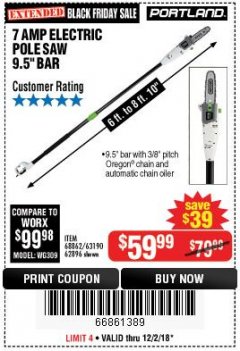 Harbor Freight Coupon PORTLAND 6.5 AMP, 9.5 IN. ELECTRIC POLE SAW Lot No. 56808/62896/63190 Expired: 12/2/18 - $59.99