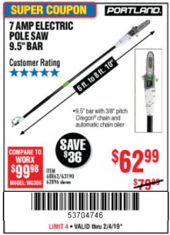 Harbor Freight Coupon PORTLAND 6.5 AMP, 9.5 IN. ELECTRIC POLE SAW Lot No. 56808/62896/63190 Expired: 2/4/19 - $62.99