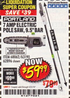 Harbor Freight Coupon PORTLAND 6.5 AMP, 9.5 IN. ELECTRIC POLE SAW Lot No. 56808/62896/63190 Expired: 5/31/19 - $59.99