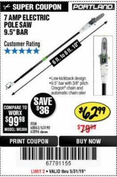 Harbor Freight Coupon PORTLAND 6.5 AMP, 9.5 IN. ELECTRIC POLE SAW Lot No. 56808/62896/63190 Expired: 5/31/19 - $62.99