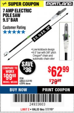 Harbor Freight Coupon PORTLAND 6.5 AMP, 9.5 IN. ELECTRIC POLE SAW Lot No. 56808/62896/63190 Expired: 7/7/19 - $62.99
