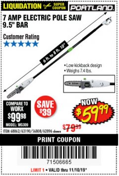Harbor Freight Coupon PORTLAND 6.5 AMP, 9.5 IN. ELECTRIC POLE SAW Lot No. 56808/62896/63190 Expired: 11/10/19 - $59.99