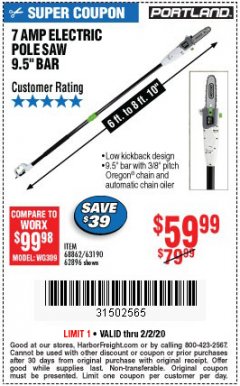 Harbor Freight Coupon PORTLAND 6.5 AMP, 9.5 IN. ELECTRIC POLE SAW Lot No. 56808/62896/63190 Expired: 2/2/20 - $59.99