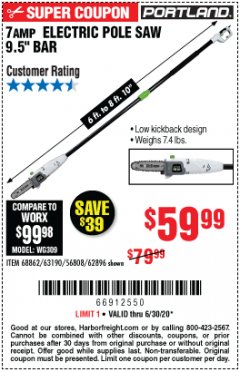 Harbor Freight Coupon PORTLAND 6.5 AMP, 9.5 IN. ELECTRIC POLE SAW Lot No. 56808/62896/63190 Expired: 6/30/20 - $59.99