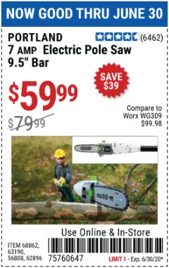 Harbor Freight Coupon PORTLAND 6.5 AMP, 9.5 IN. ELECTRIC POLE SAW Lot No. 56808/62896/63190 Expired: 6/30/20 - $59.99