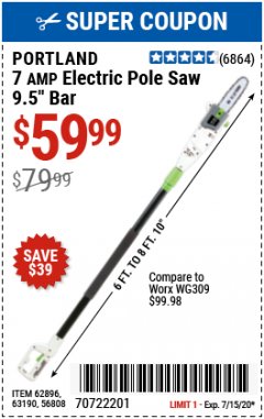 Harbor Freight Coupon PORTLAND 6.5 AMP, 9.5 IN. ELECTRIC POLE SAW Lot No. 56808/62896/63190 Expired: 7/31/20 - $59.99