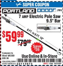 Harbor Freight Coupon PORTLAND 6.5 AMP, 9.5 IN. ELECTRIC POLE SAW Lot No. 56808/62896/63190 Expired: 10/23/20 - $59.99