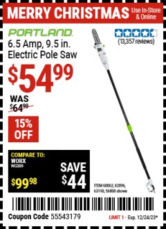 Harbor Freight Coupon PORTLAND 6.5 AMP, 9.5 IN. ELECTRIC POLE SAW Lot No. 56808/62896/63190 Expired: 12/24/23 - $54.99