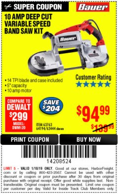 Harbor Freight ITC Coupon BAUER 10 AMP, 5 IN. DEEP CUT VARIABLE-SPEED BAND SAW Lot No. 64194/63444 Expired: 1/10/19 - $94.99