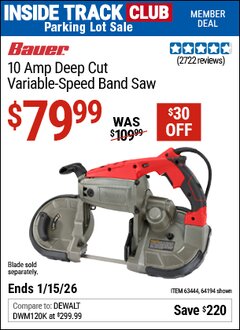 Harbor Freight ITC Coupon BAUER 10 AMP, 5 IN. DEEP CUT VARIABLE-SPEED BAND SAW Lot No. 64194/63444 Expired: 1/15/26 - $79.99
