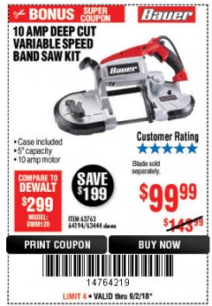 Harbor Freight Coupon BAUER 10 AMP, 5 IN. DEEP CUT VARIABLE-SPEED BAND SAW Lot No. 64194/63444 Expired: 9/2/18 - $99.99