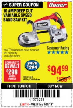 Harbor Freight Coupon BAUER 10 AMP, 5 IN. DEEP CUT VARIABLE-SPEED BAND SAW Lot No. 64194/63444 Expired: 1/20/19 - $94.99
