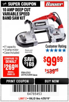 Harbor Freight Coupon BAUER 10 AMP, 5 IN. DEEP CUT VARIABLE-SPEED BAND SAW Lot No. 64194/63444 Expired: 4/28/19 - $99.99