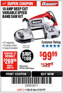 Harbor Freight Coupon BAUER 10 AMP, 5 IN. DEEP CUT VARIABLE-SPEED BAND SAW Lot No. 64194/63444 Expired: 6/16/19 - $0