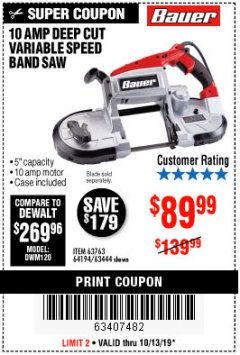Harbor Freight Coupon BAUER 10 AMP, 5 IN. DEEP CUT VARIABLE-SPEED BAND SAW Lot No. 64194/63444 Expired: 10/13/19 - $89.99