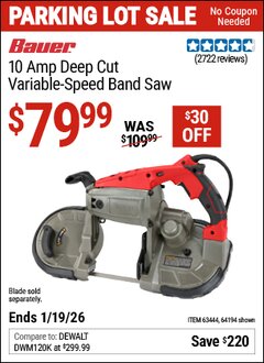 Harbor Freight Coupon BAUER 10 AMP, 5 IN. DEEP CUT VARIABLE-SPEED BAND SAW Lot No. 64194/63444 Expired: 12/31/69 - $79.99