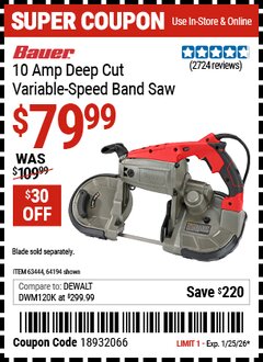 Harbor Freight Coupon BAUER 10 AMP, 5 IN. DEEP CUT VARIABLE-SPEED BAND SAW Lot No. 64194/63444 Expired: 1/25/26 - $79.99