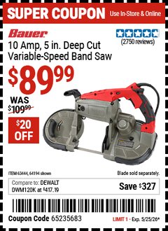 Harbor Freight Coupon BAUER 10 AMP, 5 IN. DEEP CUT VARIABLE-SPEED BAND SAW Lot No. 64194/63444 Valid Thru: 5/25/26 - $89.99