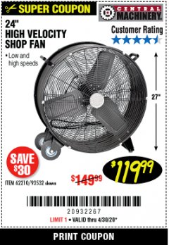 Harbor Freight Coupon CENTRAL MACHINERY 24 IN., 2-SPEED HIGH-VELOCITY SHOP FAN Lot No. 93532/62210 Expired: 6/30/20 - $119.99