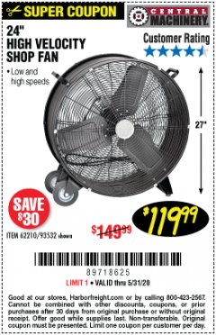 Harbor Freight Coupon CENTRAL MACHINERY 24 IN., 2-SPEED HIGH-VELOCITY SHOP FAN Lot No. 93532/62210 Expired: 6/30/20 - $119.99