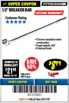 Harbor Freight Coupon PITTSBURGH PRO 1/2 IN. DRIVE, 25 IN. BREAKER BAR Lot No. 60819 Expired: 8/31/18 - $8.99