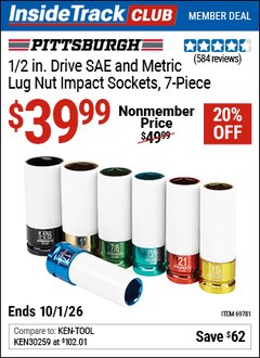 Harbor Freight Coupon PITTSBURGH 1/2 IN. DRIVE SAE AND METRIC LUG NUT IMPACT SOCKETS, 7-PIECE Lot No. 69781 Valid: 12/31/69 - 10/1/26 - $39.99