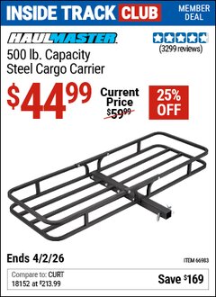 Harbor Freight ITC Coupon HAUL-MASTER 500 LB. CAPACITY STEEL CARGO CARRIER Lot No. 66983/69623 Dates Valid: 12/31/69 - 4/2/26 - $44.99