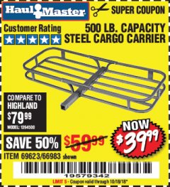 Harbor Freight Coupon HAUL-MASTER 500 LB. CAPACITY STEEL CARGO CARRIER Lot No. 66983/69623 Expired: 10/18/18 - $39.99
