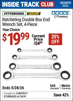 Harbor Freight Coupon PITTSBURGH RATCHETING DOUBLE BOX END WRENCH SET, 4-PIECE Lot No. 68958/68959 Valid: 12/31/69 - 5/28/26 - $19.99
