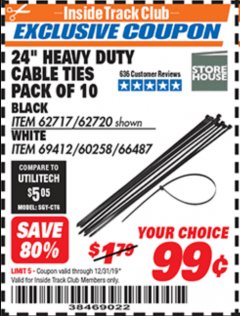 Harbor Freight ITC Coupon STOREHOUSE 24 IN. CABLE TIES, 10-PACK Lot No. 62720/66487 Expired: 12/31/19 - $0.99