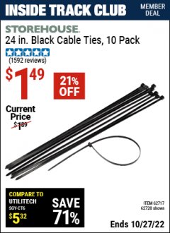 Harbor Freight ITC Coupon STOREHOUSE 24 IN. CABLE TIES, 10-PACK Lot No. 62720/66487 Expired: 10/27/22 - $1.49