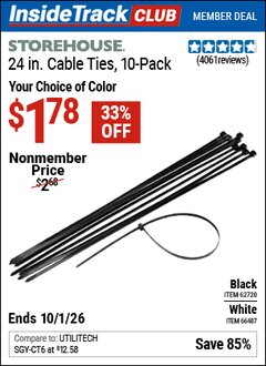Harbor Freight Coupon STOREHOUSE 24 IN. CABLE TIES, 10-PACK Lot No. 62720/66487 Valid: 12/31/69 - 10/1/26 - $1.78