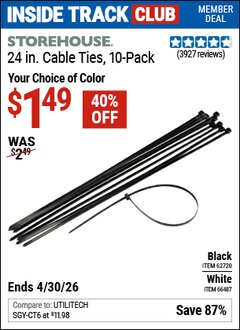 Harbor Freight ITC Coupon STOREHOUSE 24 IN. CABLE TIES, 10-PACK Lot No. 62720/66487 Expired: 4/30/26 - $1.49