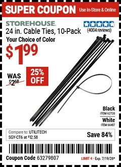 Harbor Freight Coupon STOREHOUSE 24 IN. CABLE TIES, 10-PACK Lot No. 62720/66487 Expired: 7/19/26 - $1.99