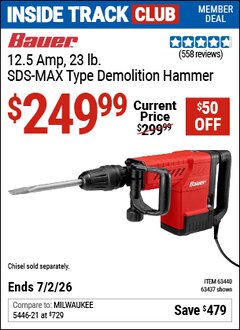 Harbor Freight ITC Coupon BAUER 12.5 AMP, 23 LB. SDS-MAX TYPE DEMOLITION HAMMER Lot No. 63437/63440 Dates Valid: 12/31/69 - 7/2/26 - $249.99
