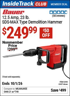 Harbor Freight Coupon BAUER 12.5 AMP, 23 LB. SDS-MAX TYPE DEMOLITION HAMMER Lot No. 63437/63440 Valid: 12/31/69 - 10/1/26 - $249.99