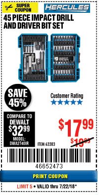 Harbor Freight Coupon HERCULES IMPACT DRIVER BIT SET, 45-PIECE Lot No. 63383 Expired: 7/22/18 - $17.99