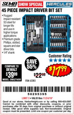 Harbor Freight Coupon HERCULES IMPACT DRIVER BIT SET, 45-PIECE Lot No. 63383 Expired: 11/24/19 - $17.99