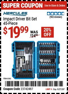 Harbor Freight Coupon HERCULES IMPACT DRIVER BIT SET, 45-PIECE Lot No. 63383 Valid Thru: 9/27/26 - $19.99