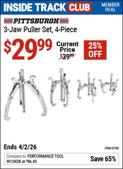Harbor Freight ITC Coupon PITTSBURGH 3-JAW PULLER SET, 4-PIECE Lot No. 63760 Dates Valid: 12/31/69 - 4/2/26 - $29.99