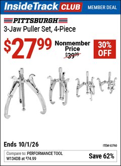 Harbor Freight Coupon PITTSBURGH 3-JAW PULLER SET, 4-PIECE Lot No. 63760 Valid: 12/31/69 - 10/1/26 - $27.99