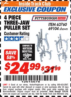 Harbor Freight ITC Coupon PITTSBURGH 3-JAW PULLER SET, 4-PIECE Lot No. 63760 Expired: 7/31/18 - $24.99