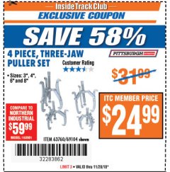 Harbor Freight ITC Coupon PITTSBURGH 3-JAW PULLER SET, 4-PIECE Lot No. 63760 Expired: 11/20/18 - $24.99