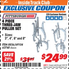 Harbor Freight ITC Coupon PITTSBURGH 3-JAW PULLER SET, 4-PIECE Lot No. 63760 Expired: 10/31/19 - $24.99
