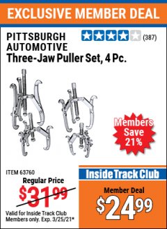 Harbor Freight ITC Coupon PITTSBURGH 3-JAW PULLER SET, 4-PIECE Lot No. 63760 Expired: 3/25/21 - $24.99