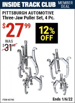 Harbor Freight ITC Coupon PITTSBURGH 3-JAW PULLER SET, 4-PIECE Lot No. 63760 Expired: 1/6/22 - $27.99